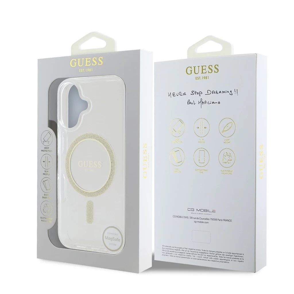 Guess IML Glitter Ring MagSafe tok iPhone 16 készülékhez átlátszó