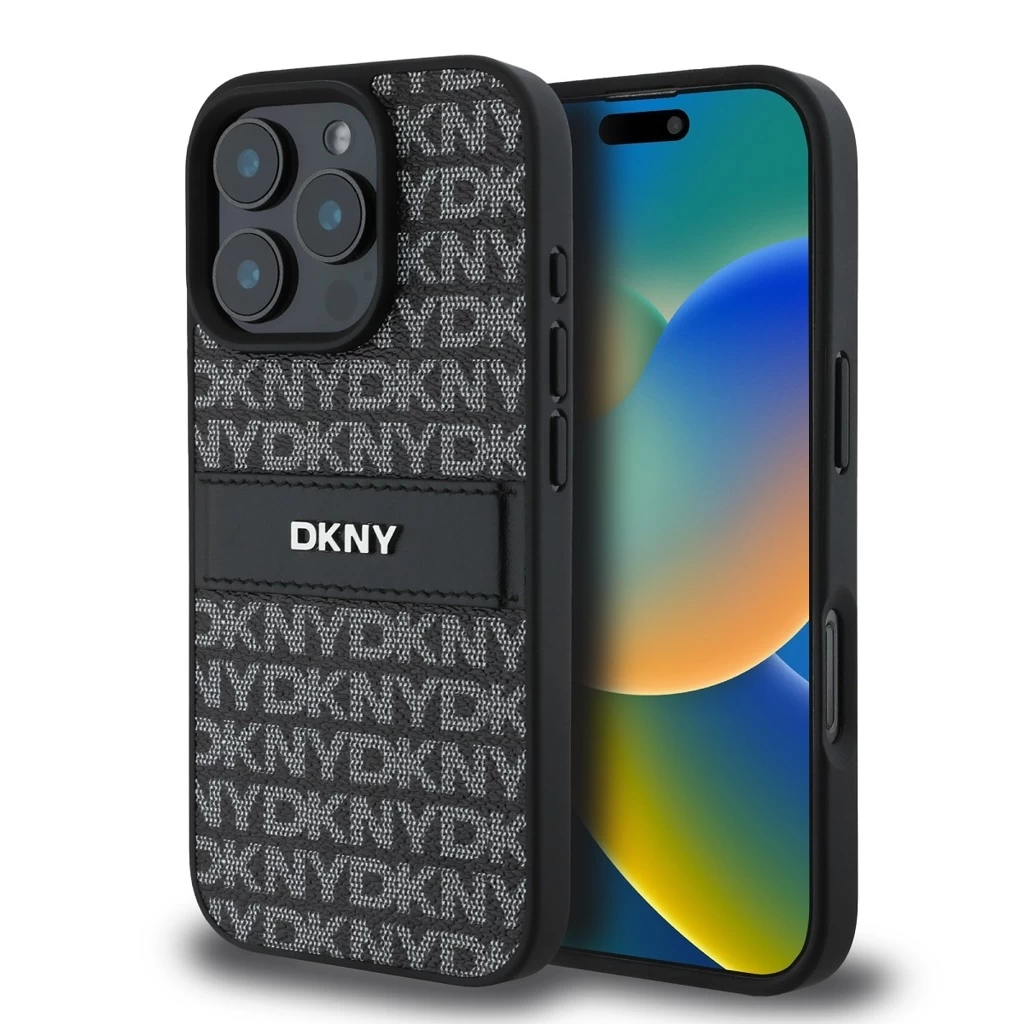 DKNY PU Leather Repeat Pattern Tonal Stripe tok iPhone 16 Pro készülékhez fekete