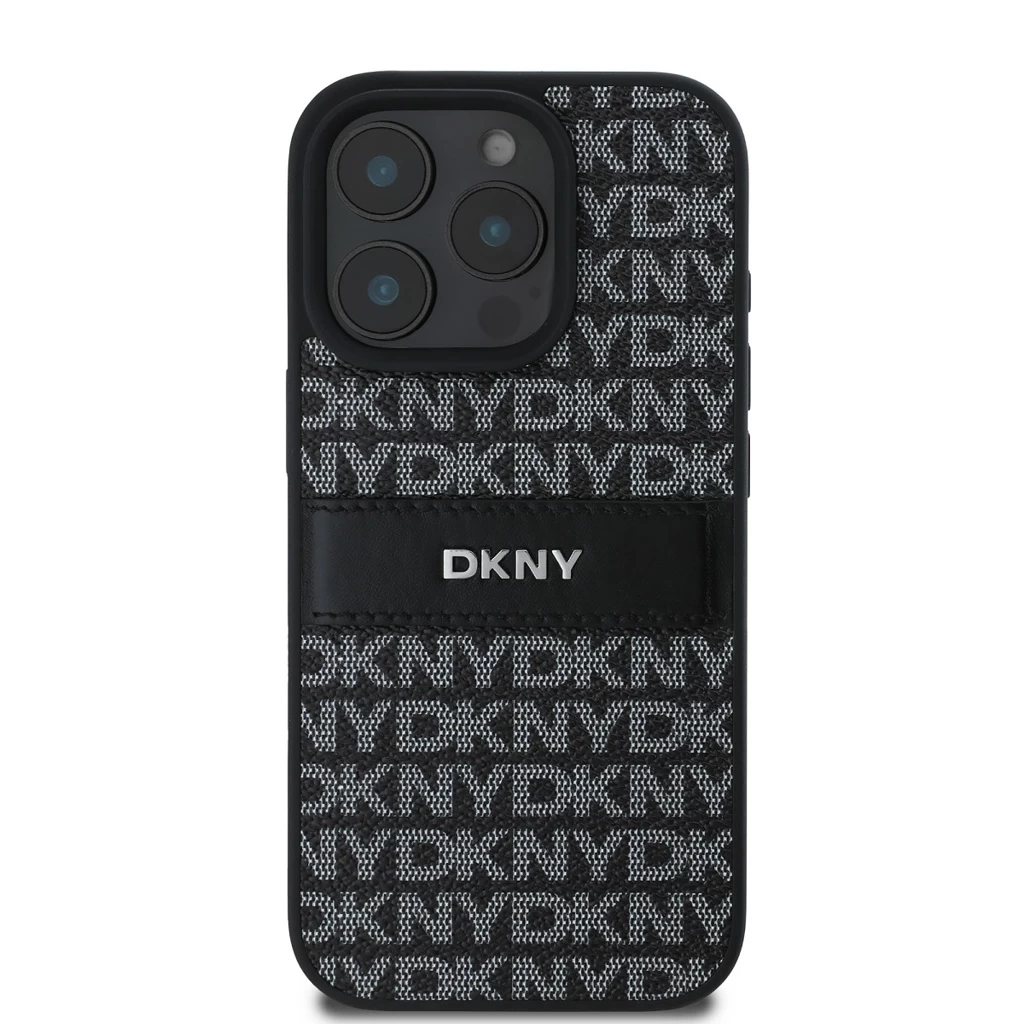 DKNY PU Leather Repeat Pattern Tonal Stripe tok iPhone 16 Pro készülékhez fekete