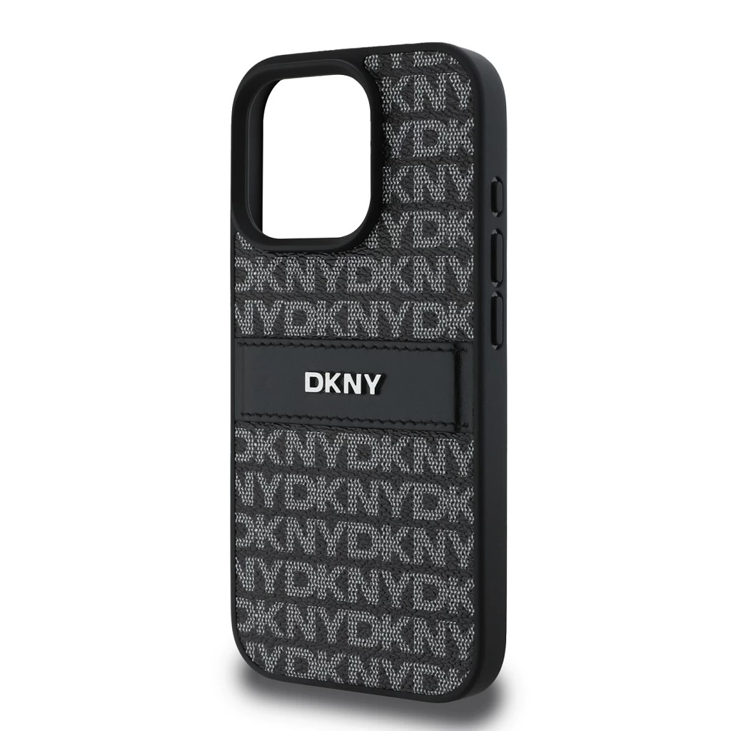 DKNY PU Leather Repeat Pattern Tonal Stripe tok iPhone 16 Pro készülékhez fekete