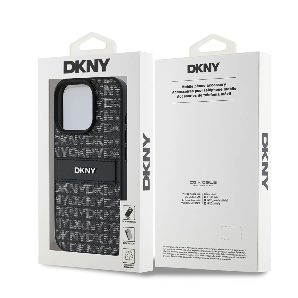 DKNY PU Leather Repeat Pattern Tonal Stripe tok iPhone 16 Pro készülékhez fekete