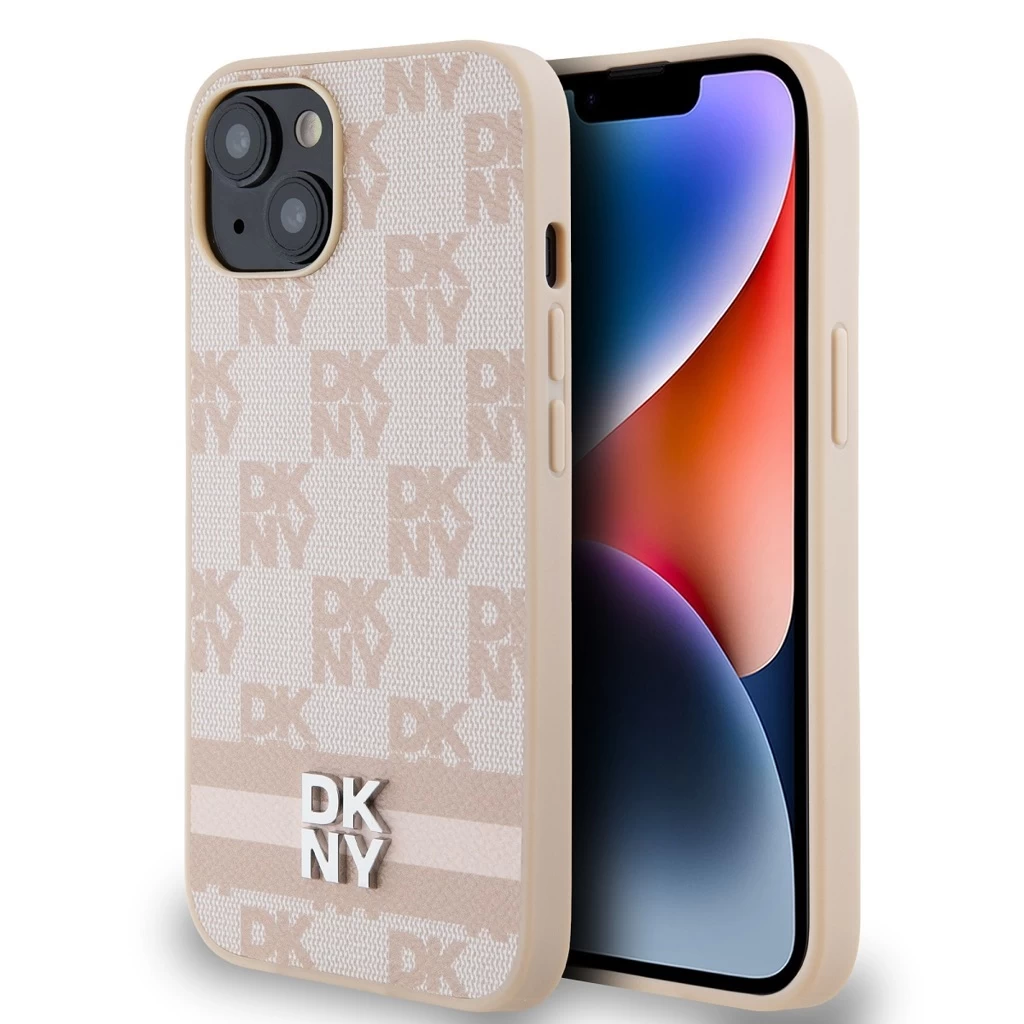 DKNY PU Leather Checkered Pattern and Stripe Tok iPhone 15 készülékhez rózsaszín