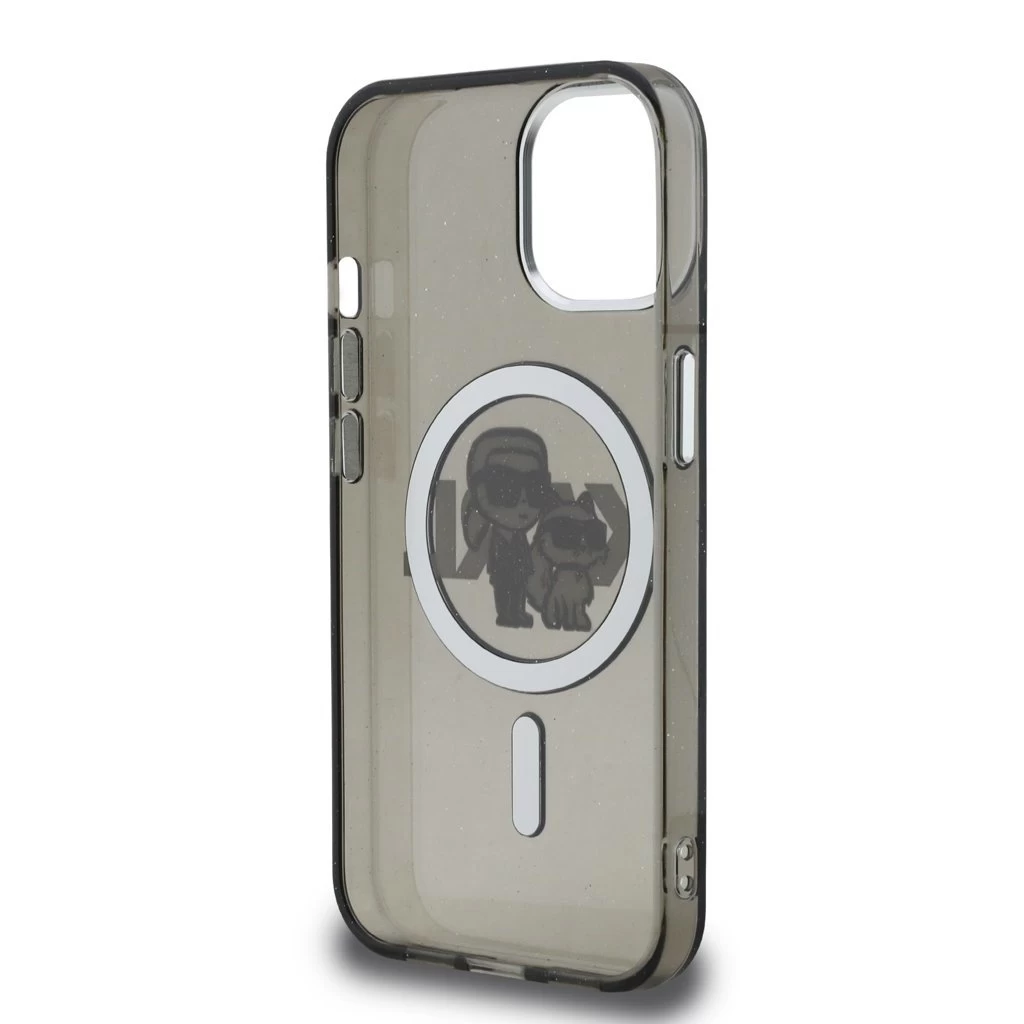 Karl Lagerfeld IML Glitter Karl and Choupette Sketch MagSafe tok iPhone 15 készülékhez fekete