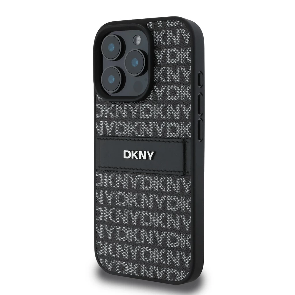 DKNY PU Leather Repeat Pattern Tonal Stripe tok az iPhone 16 Pro Max készülékhez fekete
