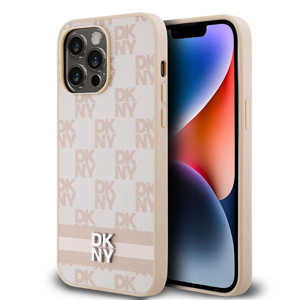 DKNY PU bőr Checkered Pattern and Stripe tok iPhone 15 Pro Max készülékhez rózsaszín