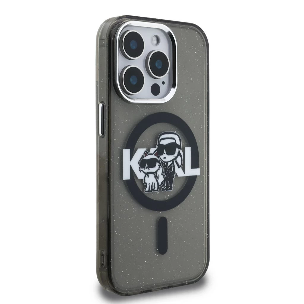 Karl Lagerfeld IML Glitter Karl and Choupette Sketch MagSafe tok iPhone 15 Pro Max készülékhez fekete