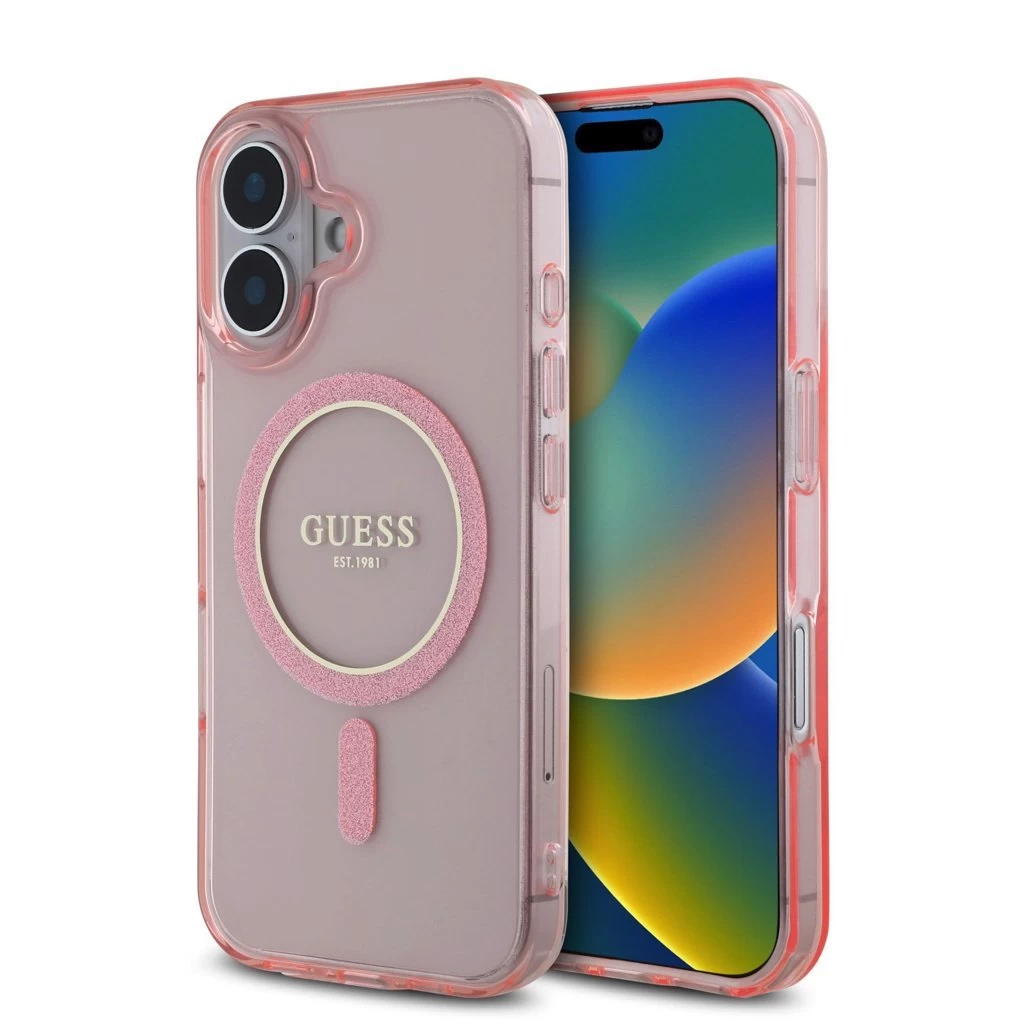 Guess IML Glitter Ring MagSafe tok iPhone 16 készülékhez rózsaszín Guess IML Glitter Ring MagSafe tok iPhone 16 készülékhez rózsaszín