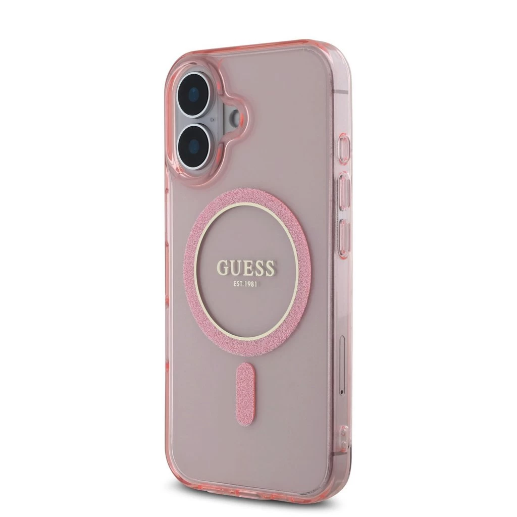 Guess IML Glitter Ring MagSafe tok iPhone 16 készülékhez rózsaszín