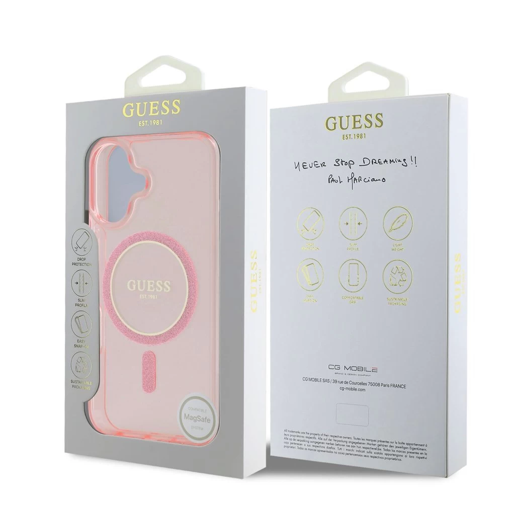 Guess IML Glitter Ring MagSafe tok iPhone 16 készülékhez rózsaszín
