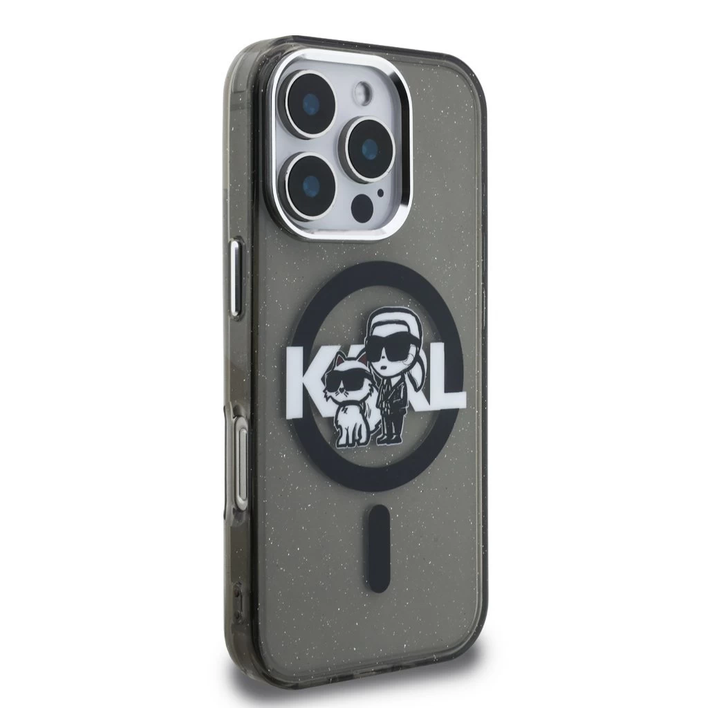 Karl Lagerfeld IML Glitter Karl and Choupette Sketch MagSafe tok iPhone 16 Pro készülékhez fekete