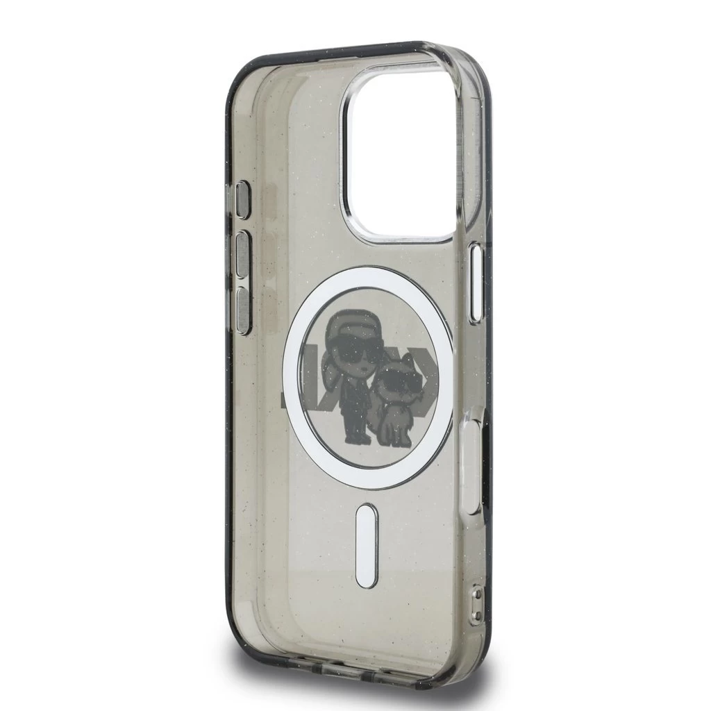 Karl Lagerfeld IML Glitter Karl and Choupette Sketch MagSafe tok iPhone 16 Pro készülékhez fekete