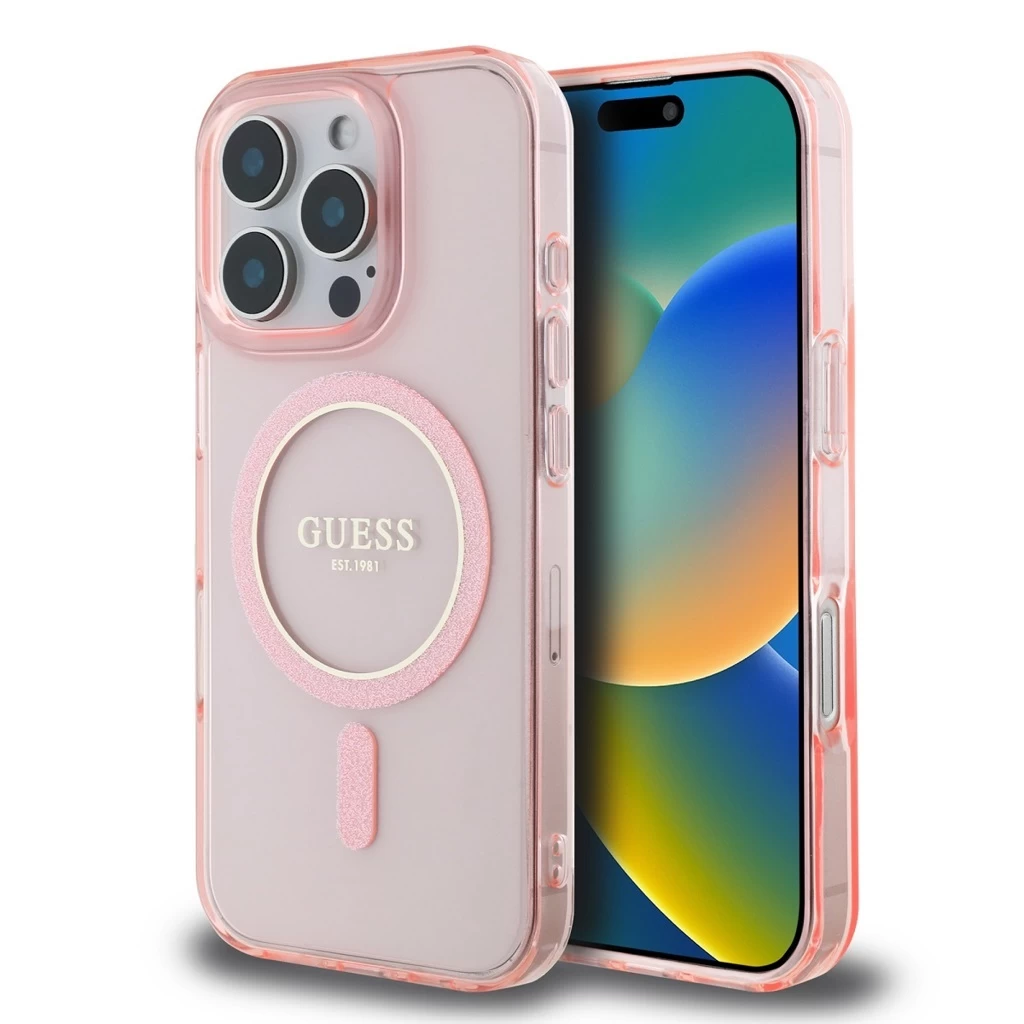 Guess IML Glitter Ring MagSafe tok iPhone 16 Pro Max készülékhez rózsaszín