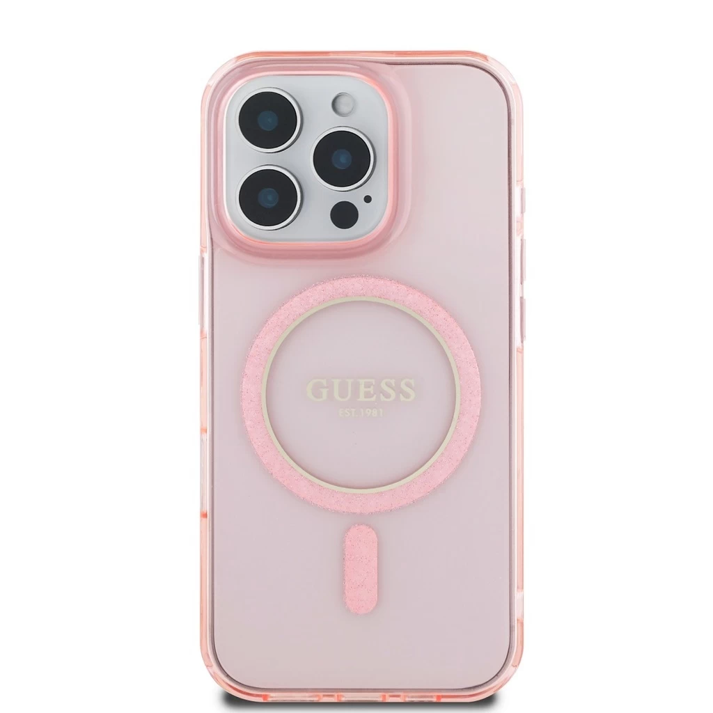 Guess IML Glitter Ring MagSafe tok iPhone 16 Pro Max készülékhez rózsaszín