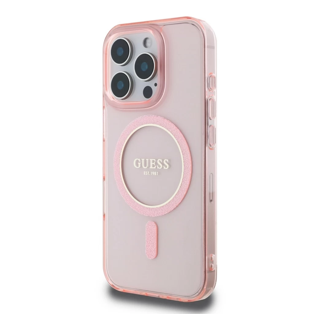 Guess IML Glitter Ring MagSafe tok iPhone 16 Pro Max készülékhez rózsaszín