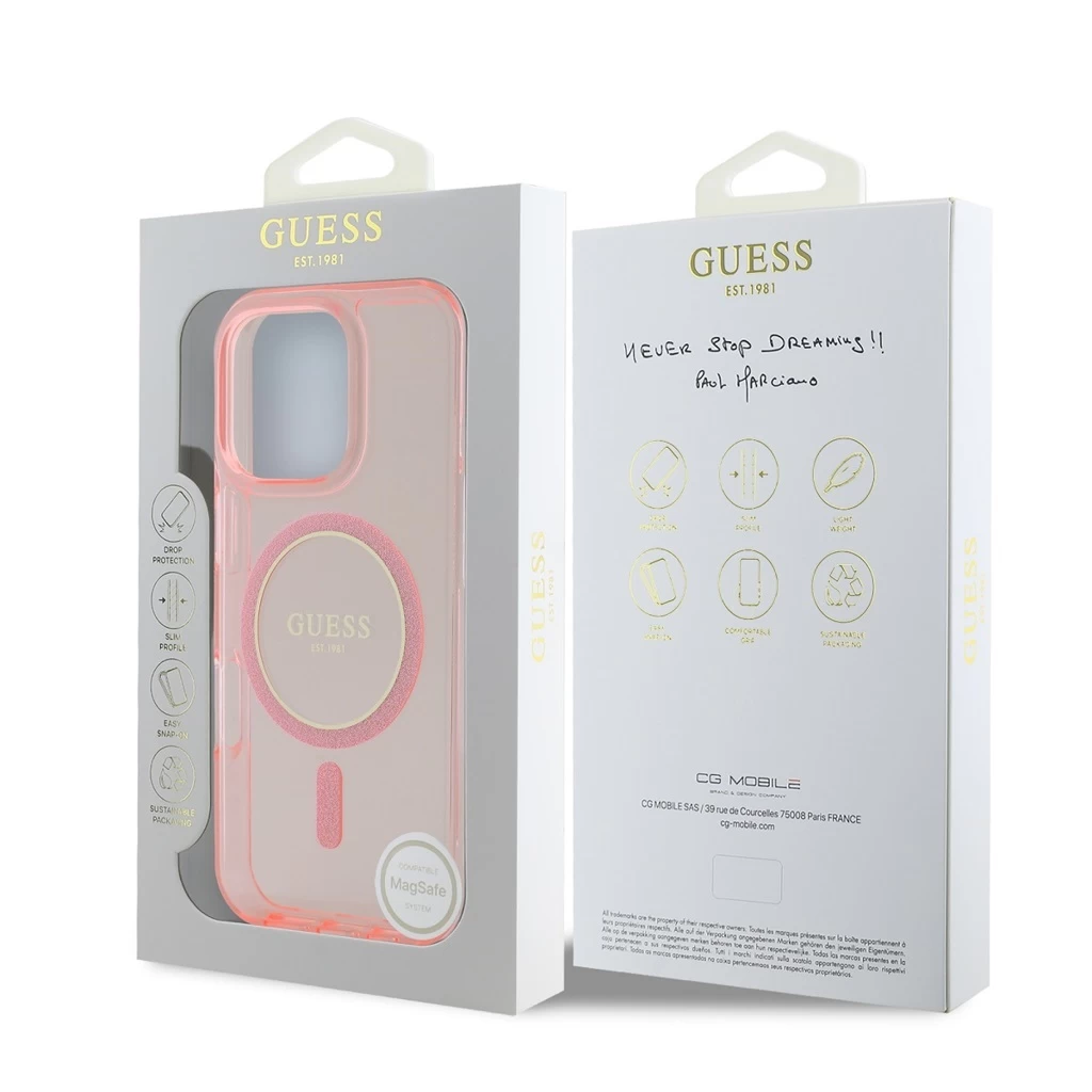 Guess IML Glitter Ring MagSafe tok iPhone 16 Pro Max készülékhez rózsaszín