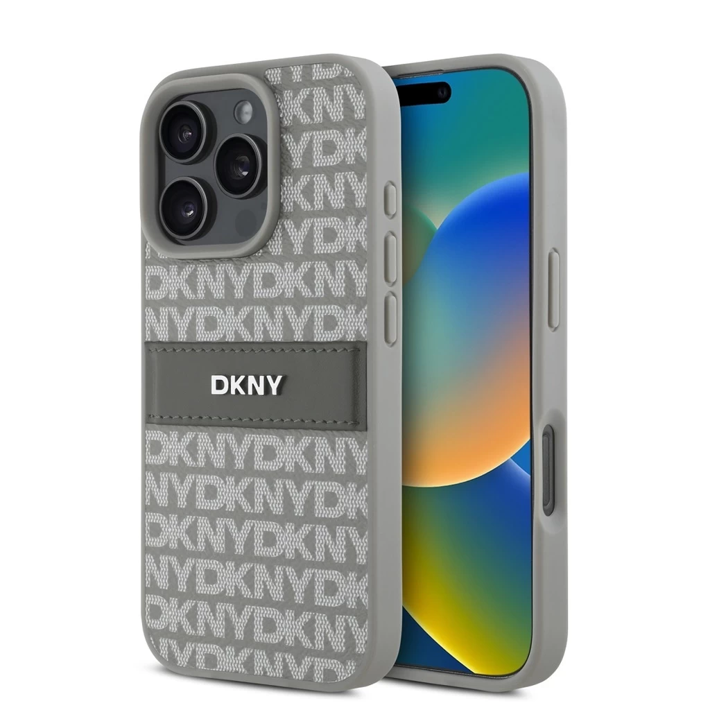 DKNY PU Leather Repeat Pattern Tonal Stripe tok iPhone 16 Pro készülékhez bézs