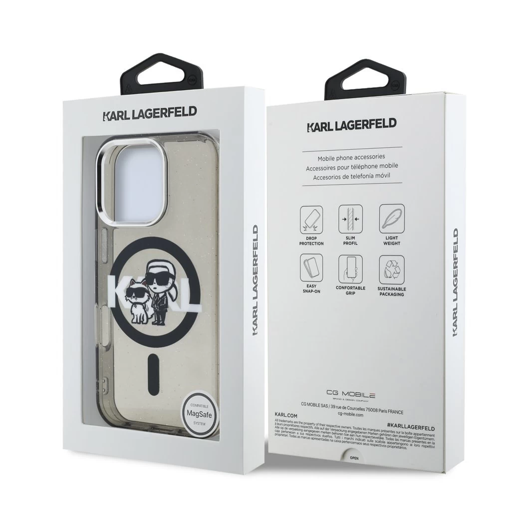 Karl Lagerfeld IML Glitter Karl and Choupette Sketch MagSafe tok iPhone 16 Pro Max készülékhez fekete