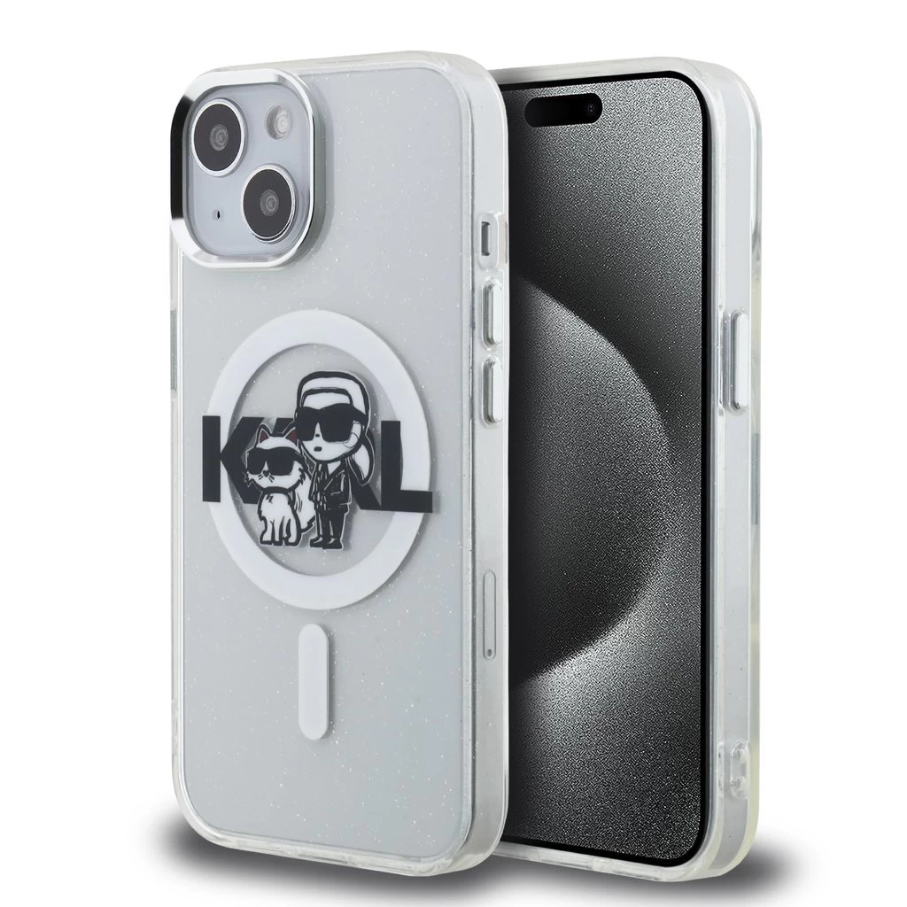 Karl Lagerfeld IML Glitter Karl and Choupette Sketch MagSafe tok iPhone 15 készülékhez átlátszó