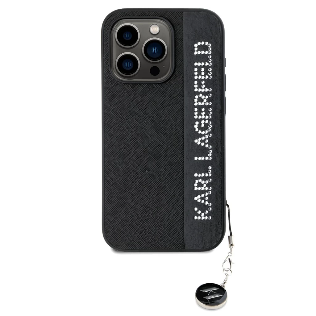 Karl Lagerfeld PU Saffiano Rhinestone Charm tok iPhone 15 Pro készülékhez fekete