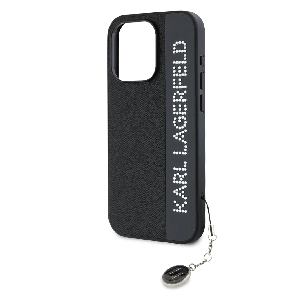 Karl Lagerfeld PU Saffiano Rhinestone Charm tok iPhone 15 Pro készülékhez fekete