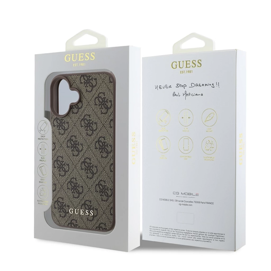 Guess 4G Charm Case iPhone 16 Plus készülékhez Tone on Tone barna