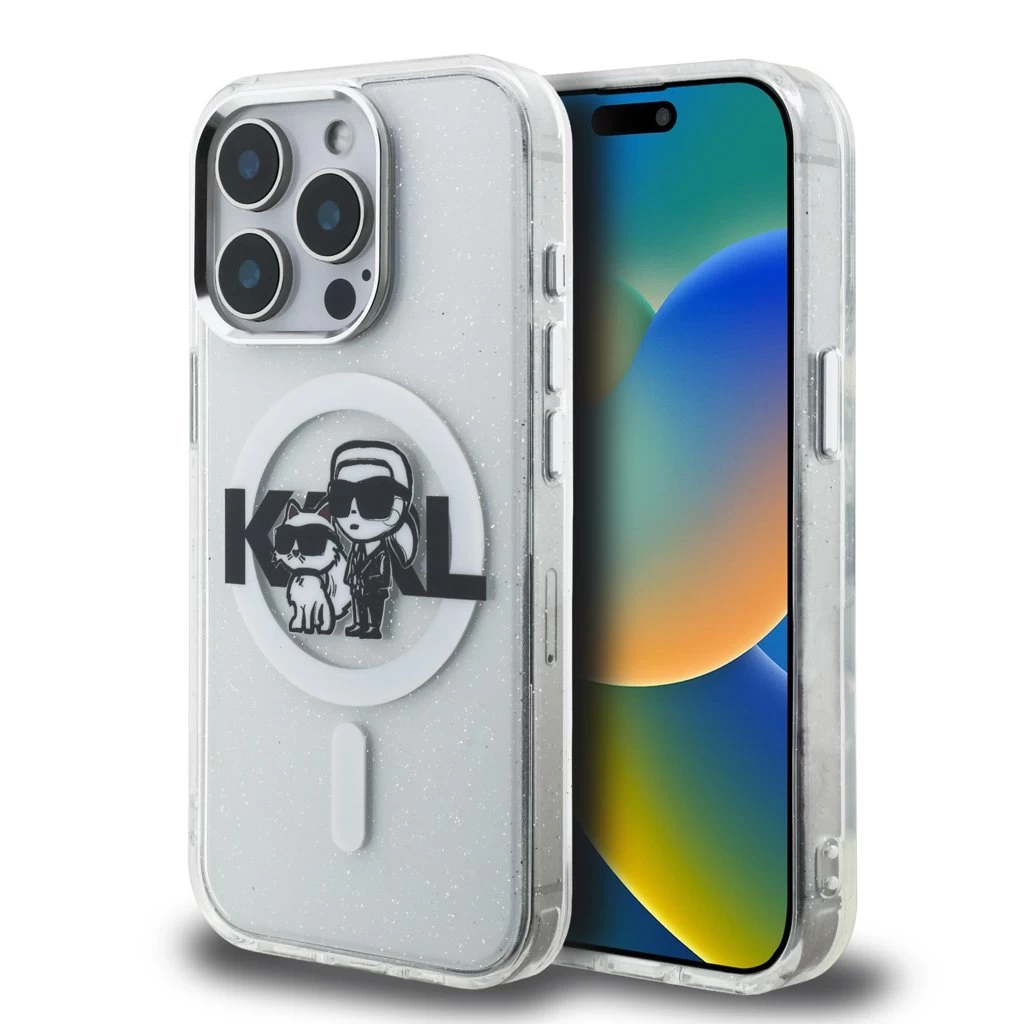 Karl Lagerfeld IML Glitter Karl and Choupette Sketch MagSafe tok iPhone 15 Pro készülékhez átlátszó