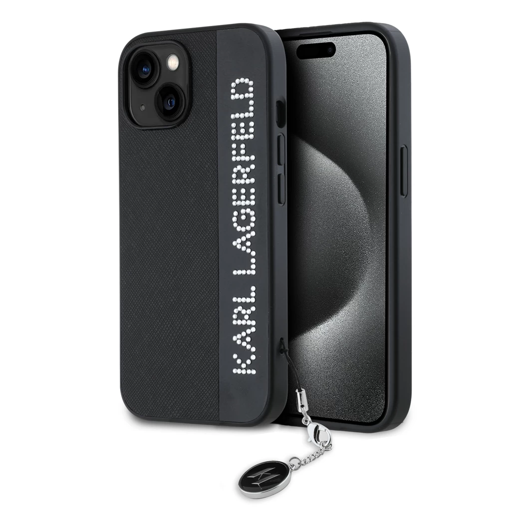 Karl Lagerfeld PU Saffiano Rhinestone Charm tok iPhone 15 készülékhez fekete
