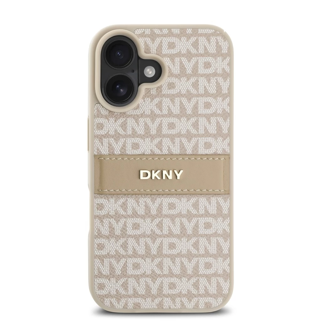 DKNY PU bőr ismétlődő minta Tonal Stripe tok iPhone 16 készülékhez rózsaszín