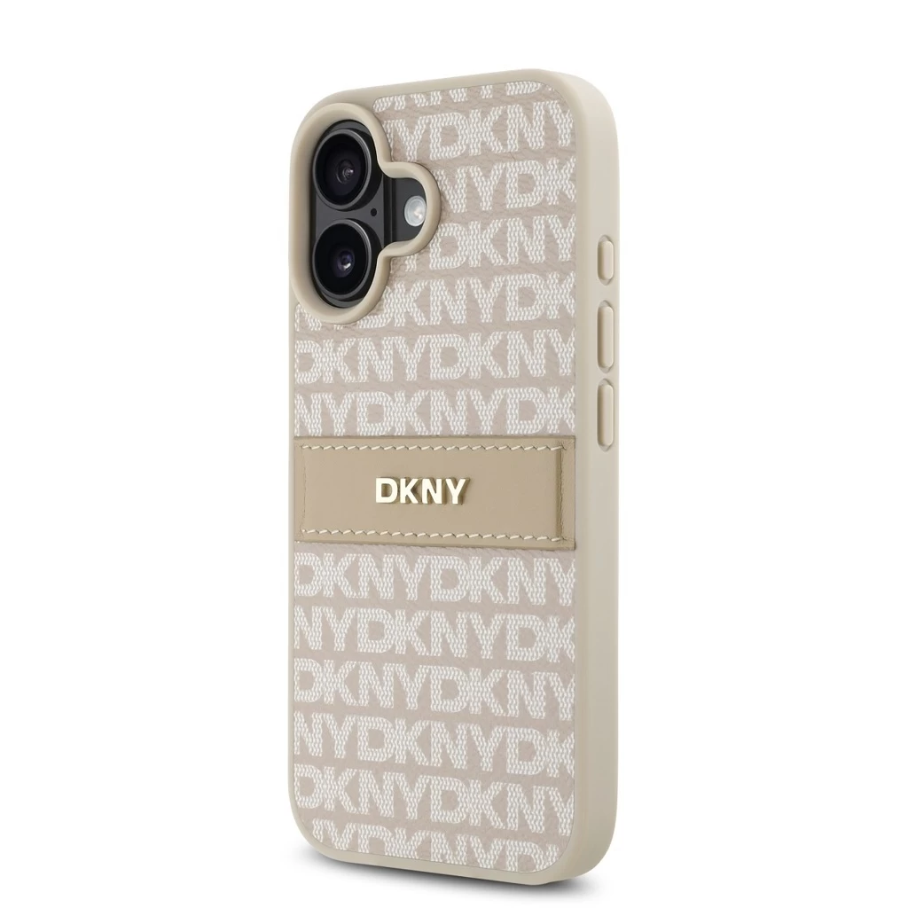 DKNY PU bőr ismétlődő minta Tonal Stripe tok iPhone 16 készülékhez rózsaszín