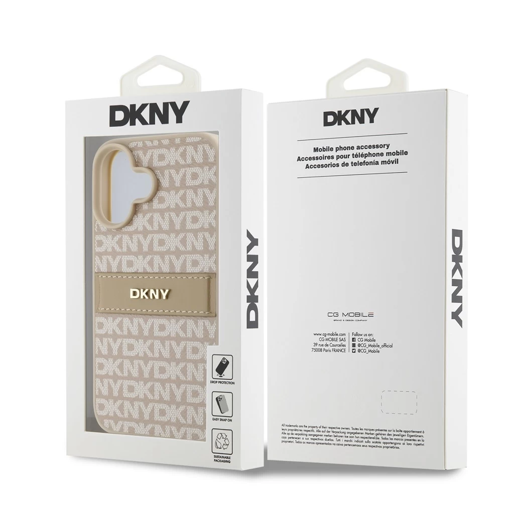 DKNY PU bőr ismétlődő minta Tonal Stripe tok iPhone 16 készülékhez rózsaszín