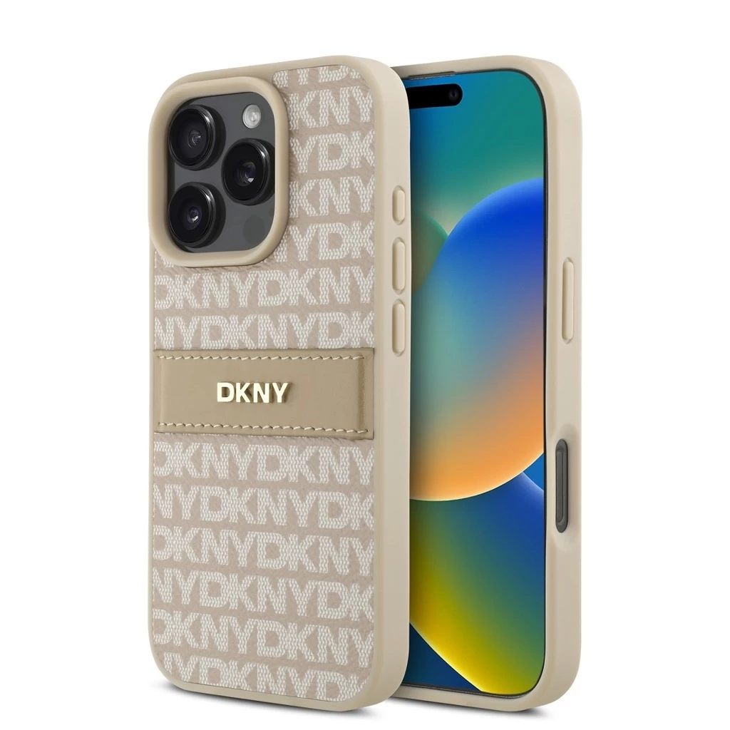 DKNY PU bőr Repeat Pattern Tonal Stripe tok iPhone 16 Pro készülékhez rózsaszín