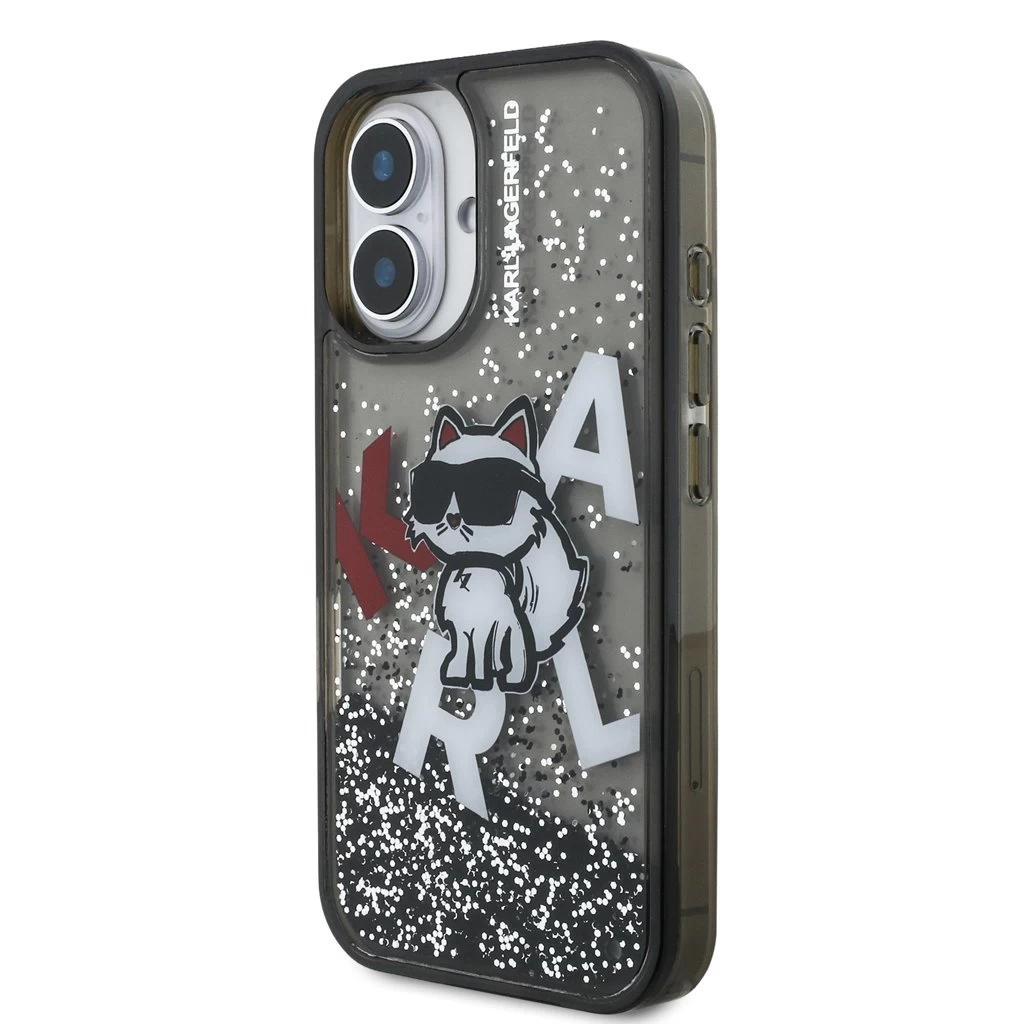 Karl Lagerfeld Liquid Glitter Scattered Choupette tok iPhone 16 készülékhez fekete