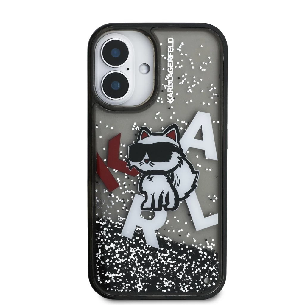 Karl Lagerfeld Liquid Glitter Scattered Choupette tok iPhone 16 készülékhez fekete