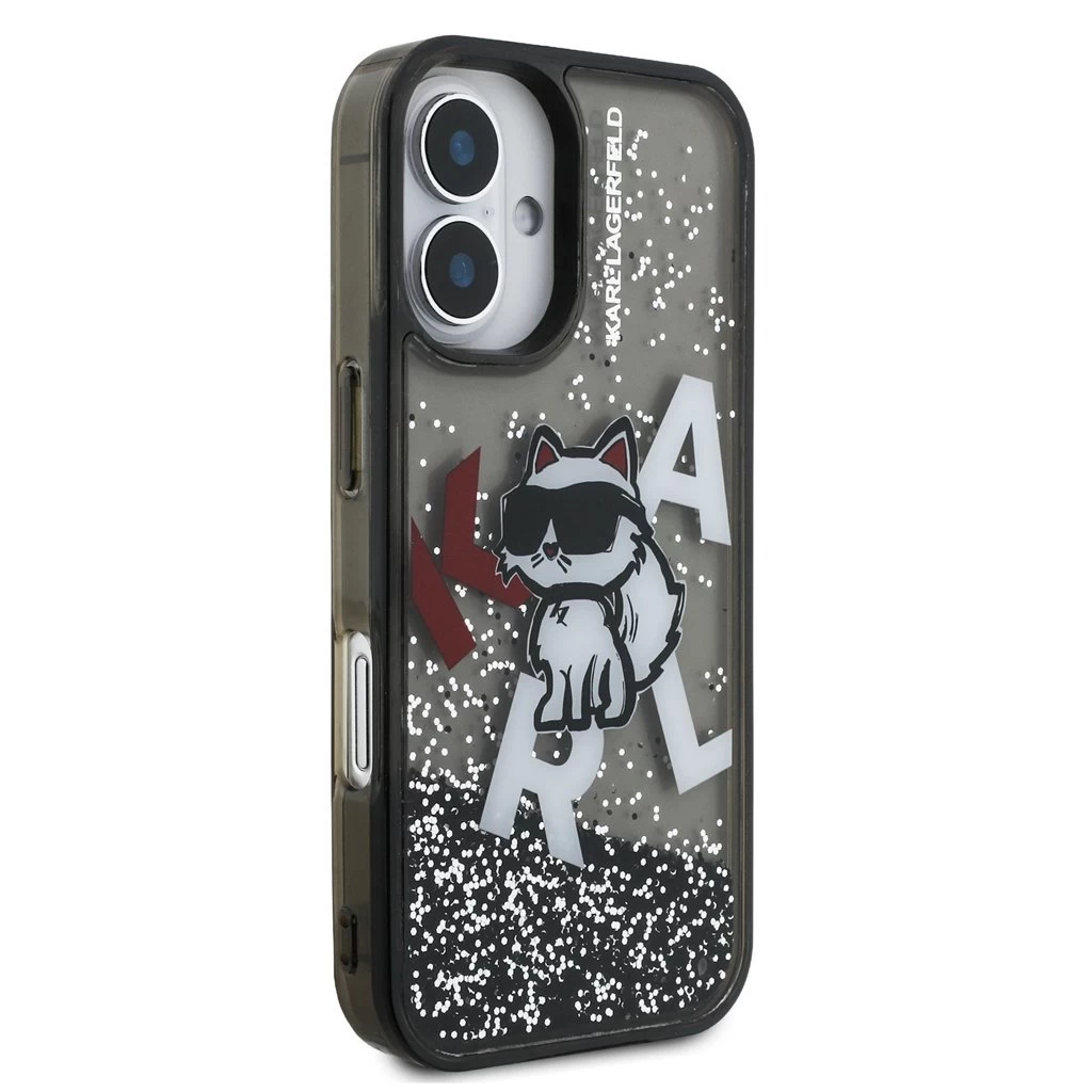 Karl Lagerfeld Liquid Glitter Scattered Choupette tok iPhone 16 készülékhez fekete
