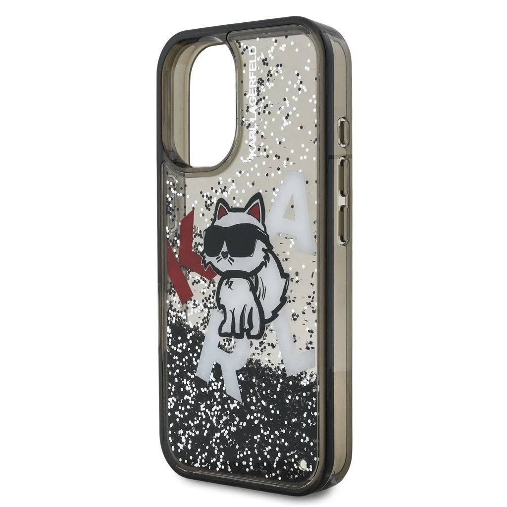 Karl Lagerfeld Liquid Glitter Scattered Choupette tok iPhone 16 készülékhez fekete