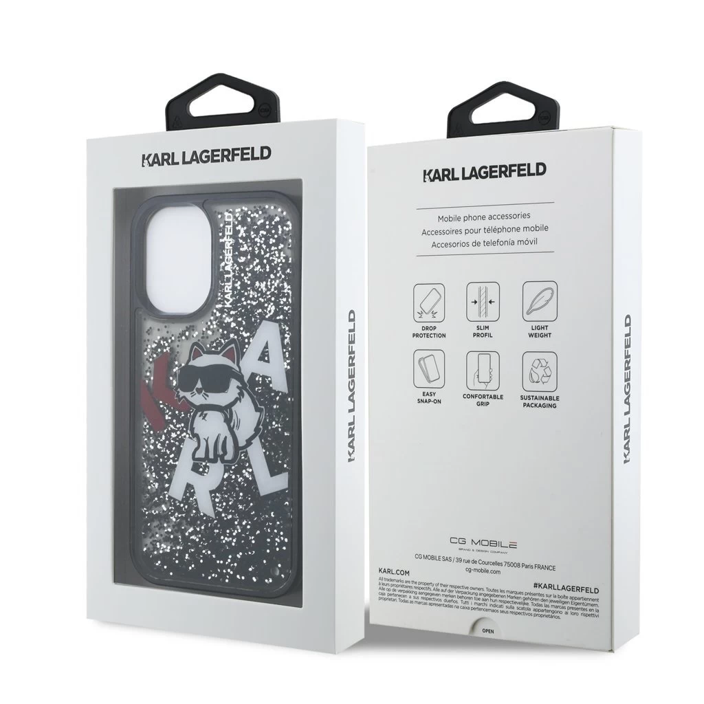 Karl Lagerfeld Liquid Glitter Scattered Choupette tok iPhone 16 készülékhez fekete
