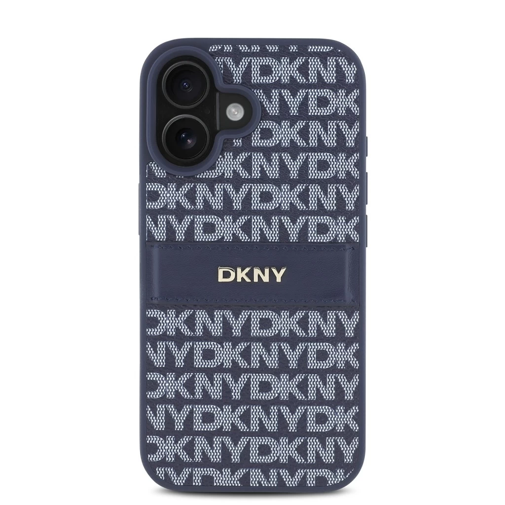 DKNY PU Leather Repeat Pattern Tonal Stripe tok iPhone 16 készülékhez kék
