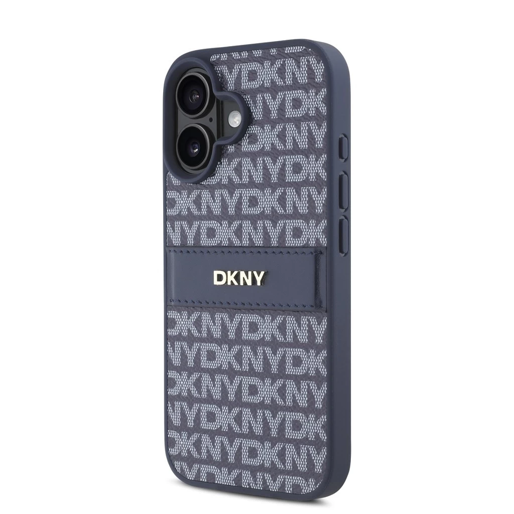 DKNY PU Leather Repeat Pattern Tonal Stripe tok iPhone 16 készülékhez kék