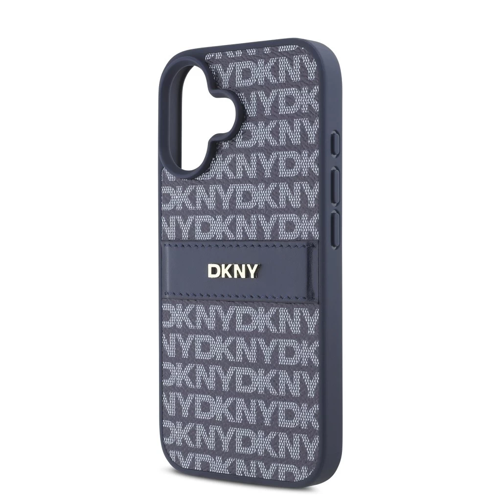 DKNY PU Leather Repeat Pattern Tonal Stripe tok iPhone 16 készülékhez kék