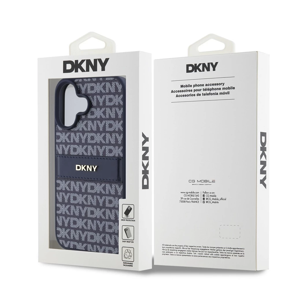 DKNY PU Leather Repeat Pattern Tonal Stripe tok iPhone 16 készülékhez kék