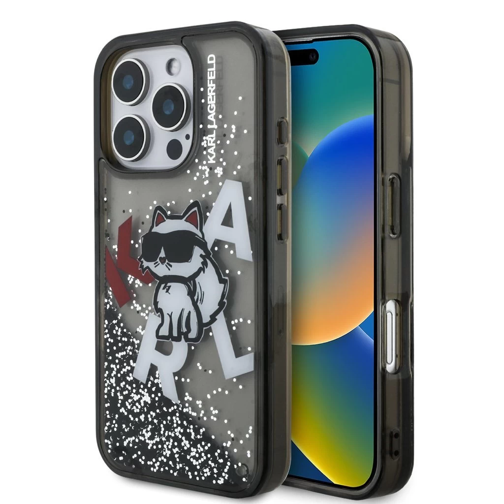 Karl Lagerfeld Liquid Glitter Scattered Choupette tok iPhone 16 Pro Max készülékhez fekete