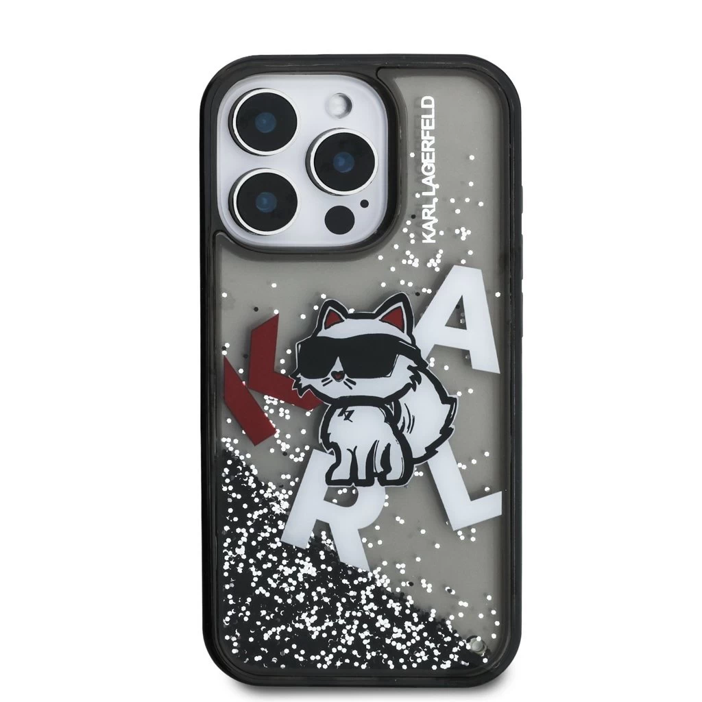Karl Lagerfeld Liquid Glitter Scattered Choupette tok iPhone 16 Pro Max készülékhez fekete