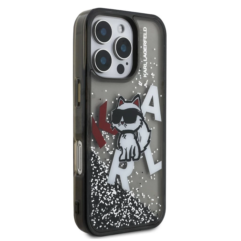 Karl Lagerfeld Liquid Glitter Scattered Choupette tok iPhone 16 Pro Max készülékhez fekete