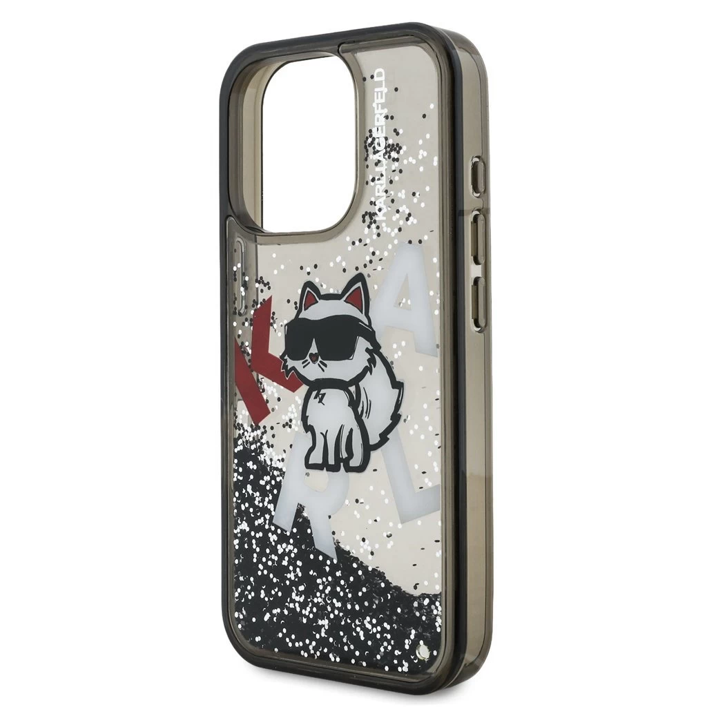 Karl Lagerfeld Liquid Glitter Scattered Choupette tok iPhone 16 Pro Max készülékhez fekete