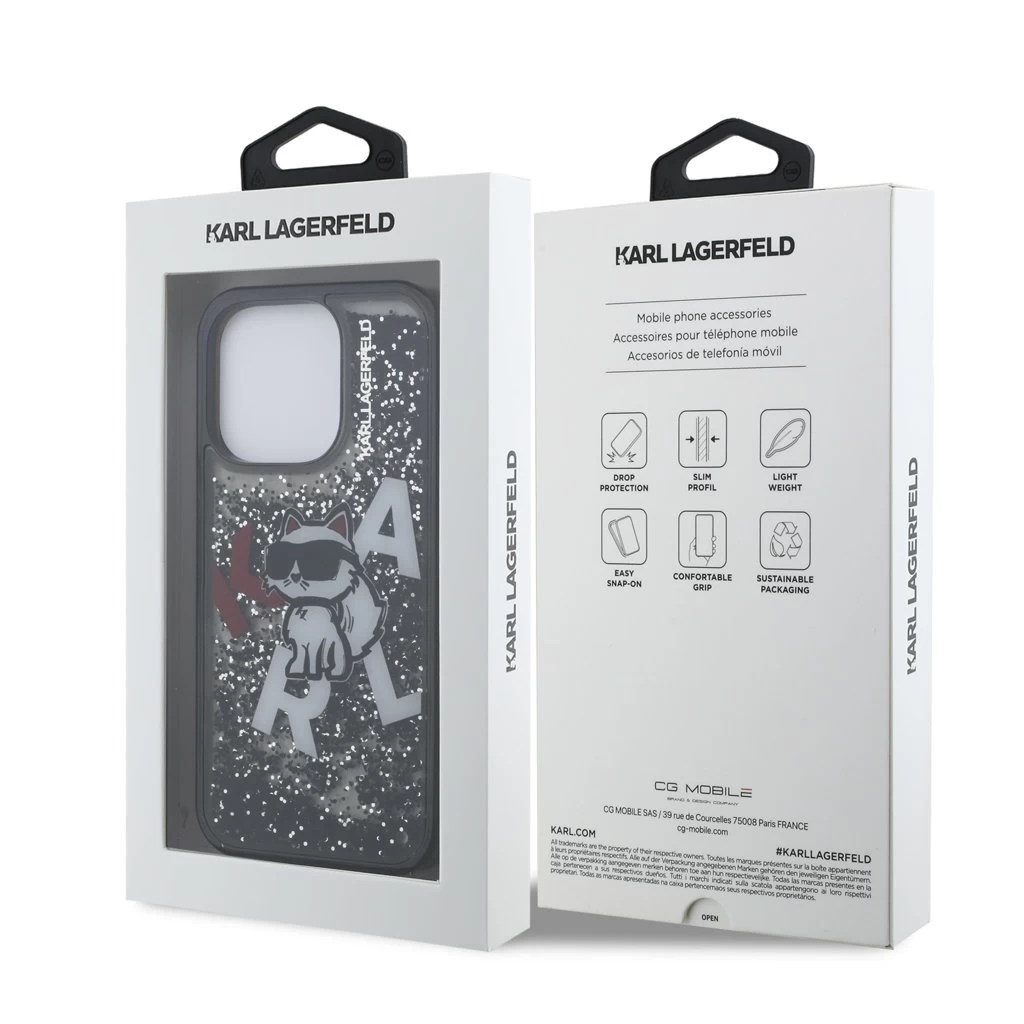 Karl Lagerfeld Liquid Glitter Scattered Choupette tok iPhone 16 Pro Max készülékhez fekete