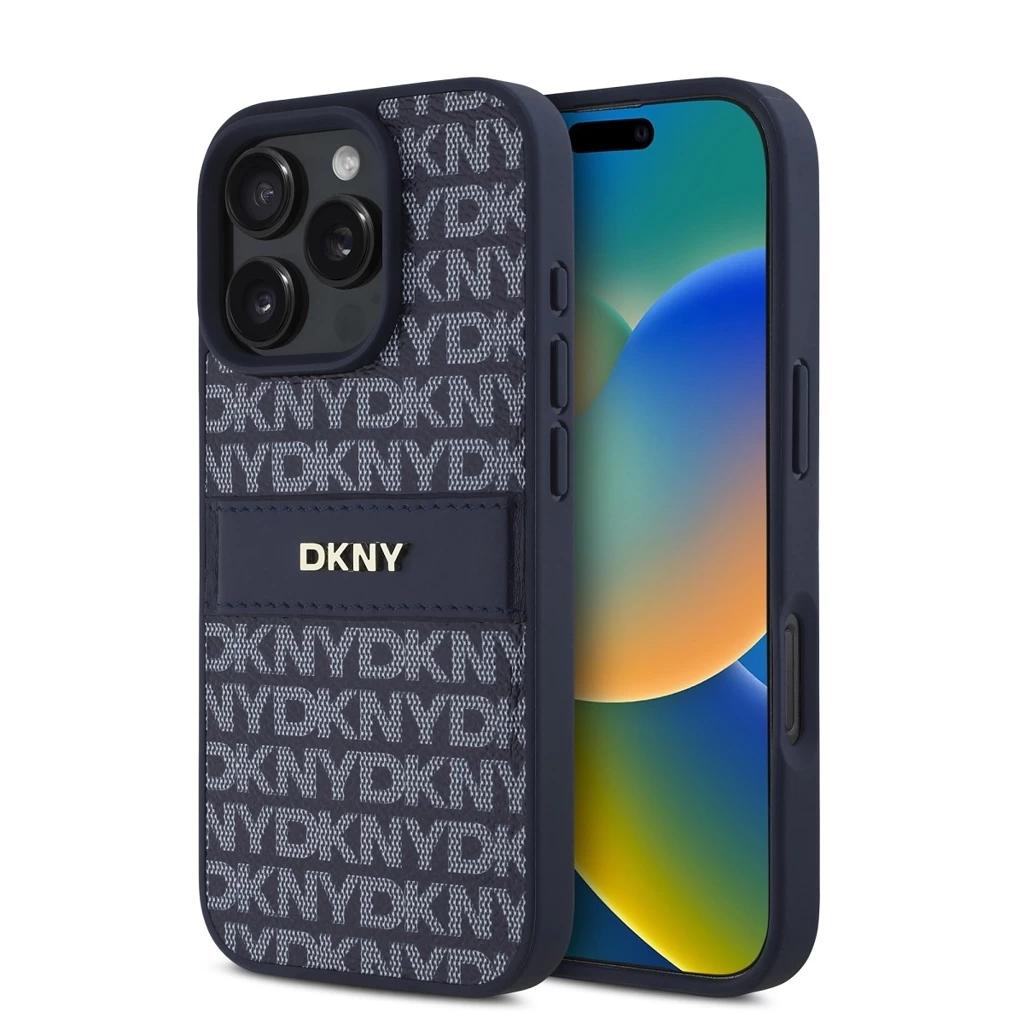 DKNY PU Leather Repeat Pattern Tonal Stripe tok iPhone 16 Pro készülékhez kék