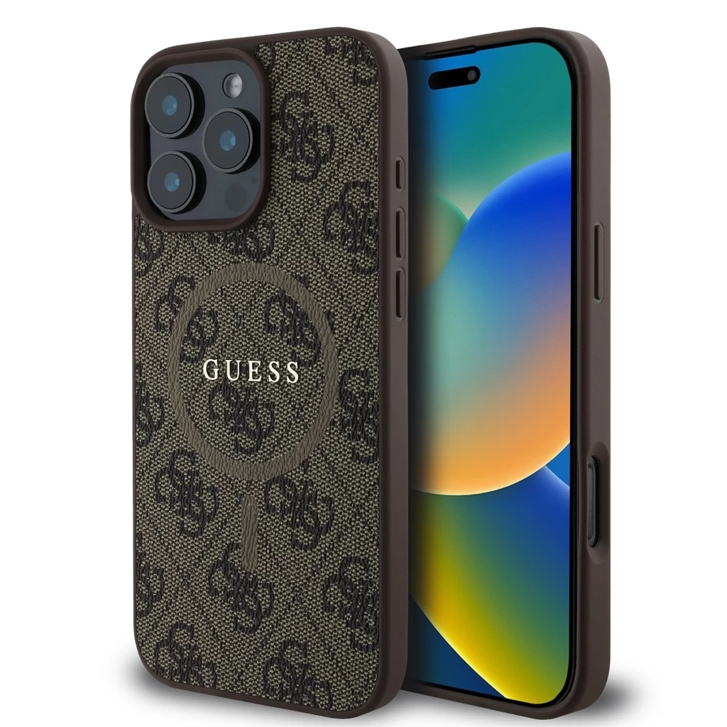 Guess PU bőr 4G Colored Ring MagSafe tok iPhone 16 Pro készülékhez barna