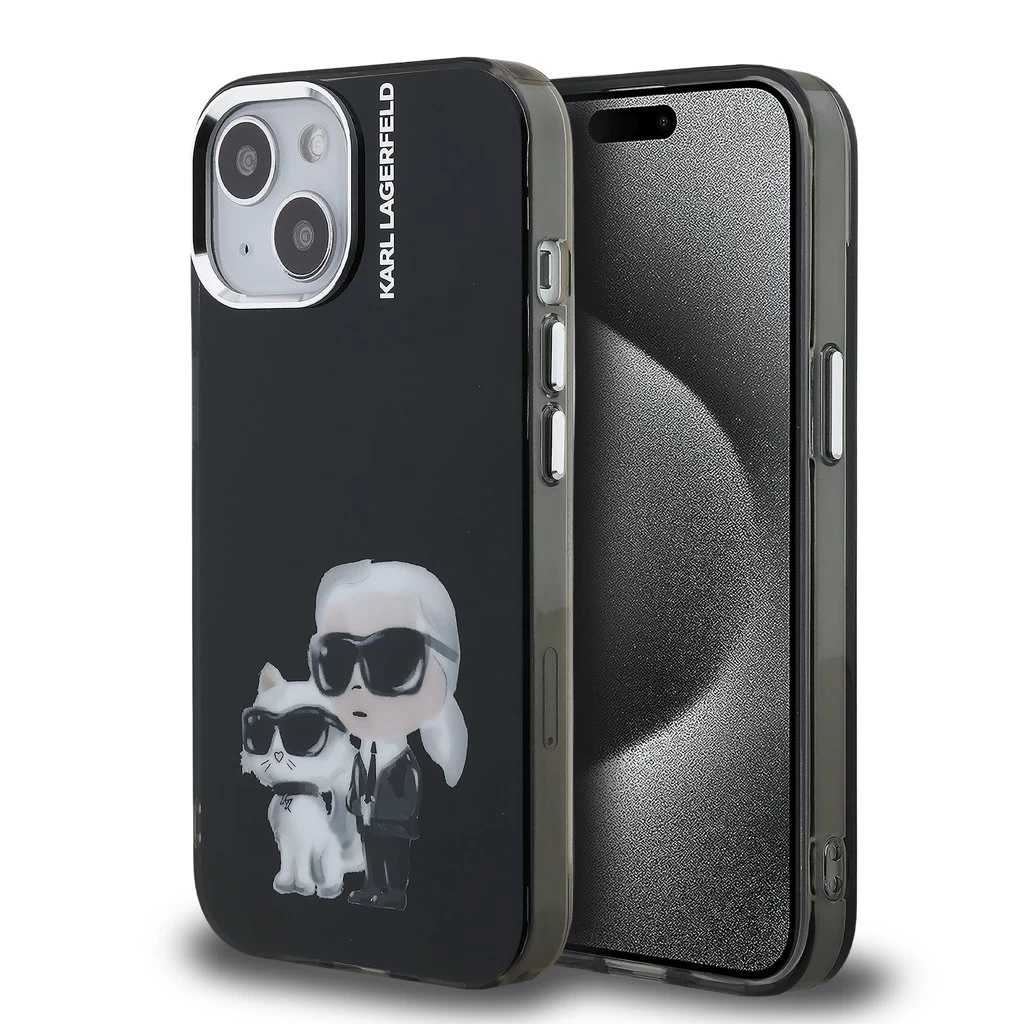 Karl Lagerfeld IML Aquarelle Karl and Choupette tok iPhone 15 készülékhez fekete