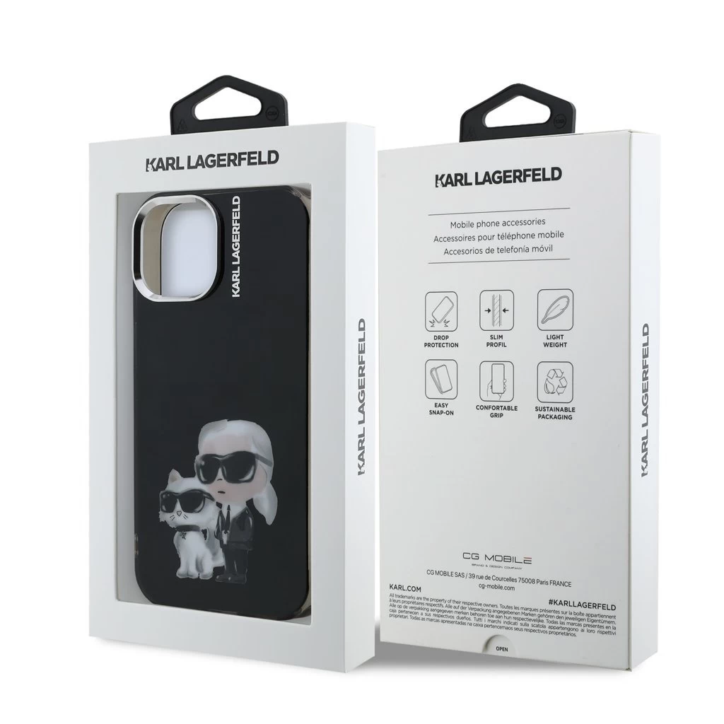 Karl Lagerfeld IML Aquarelle Karl and Choupette tok iPhone 15 készülékhez fekete