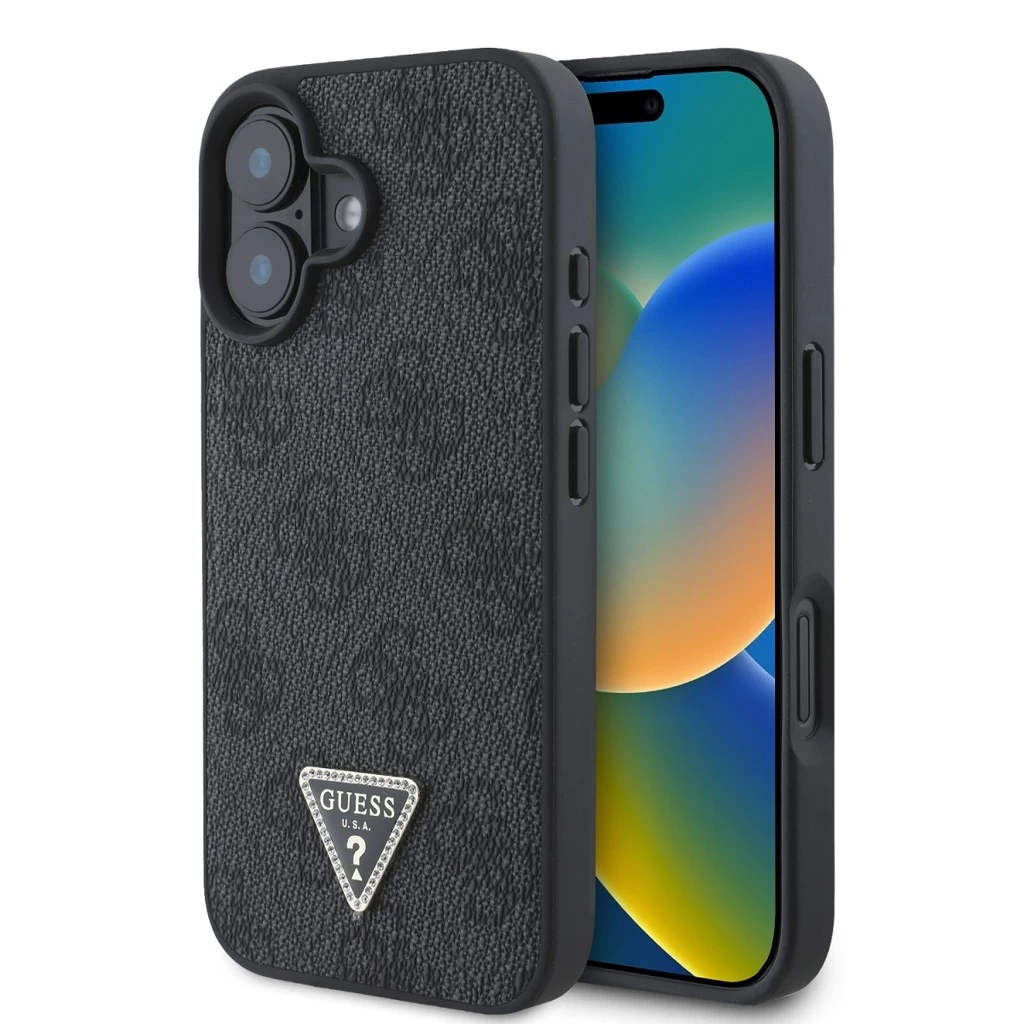 Guess PU 4G Strass Triangle Metal Logo tok iPhone 16 készülékhez fekete